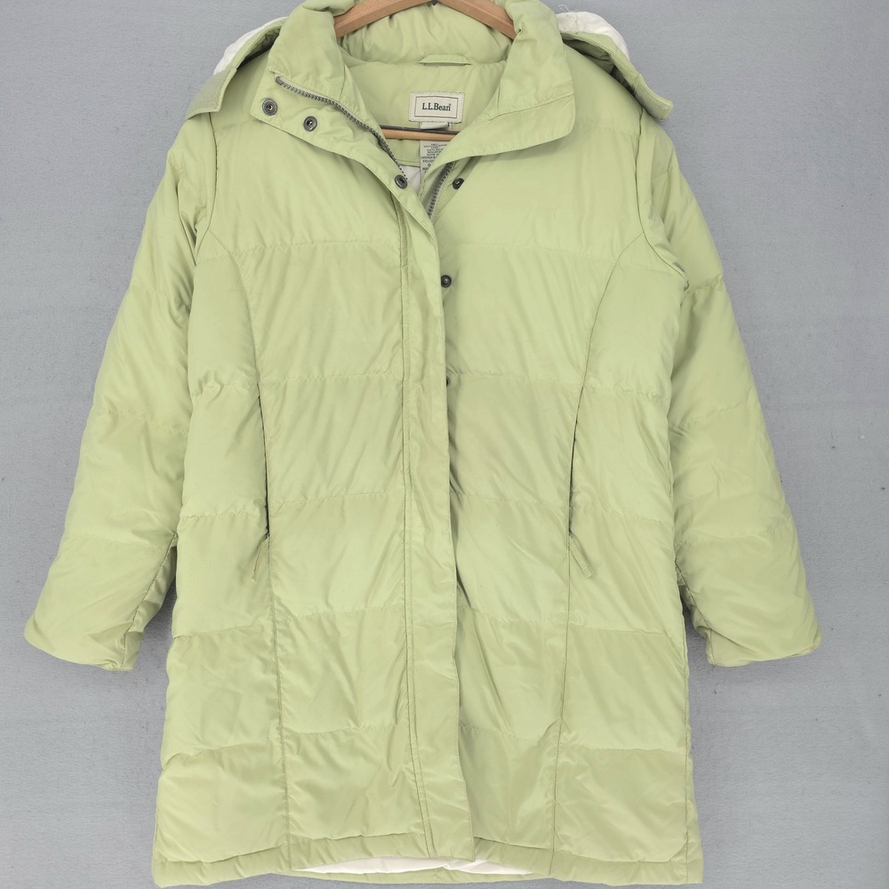 L.L.Bean Coat Womens Small Petite Green Hooded Down Puffer Long Parka Insulated